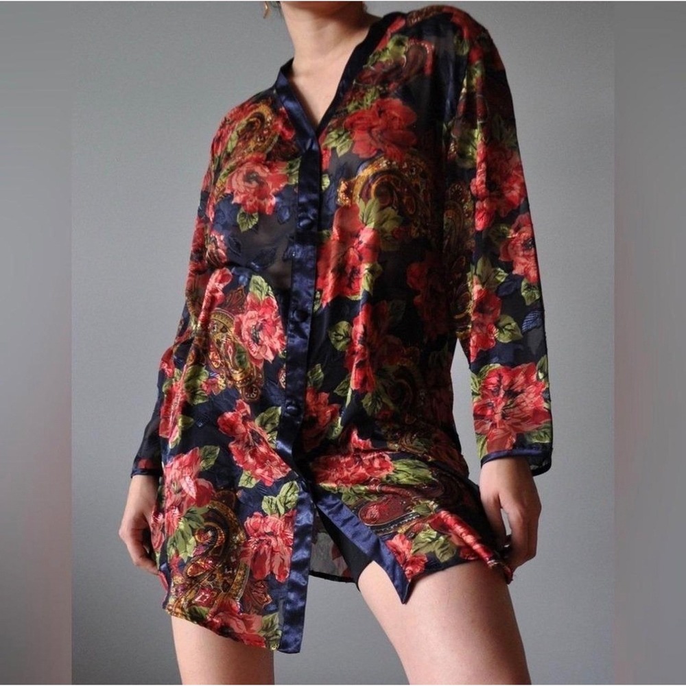 Victoria's Secret Gold Label Sleep Shirt Womens P/S Navy Floral Paisley Sheer